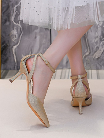 ハイヒール パーティーシューズ ゴールド ポインテッドトゥ ラインストーン プロムシューズ