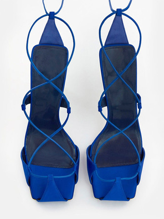 女性用サテンパーティーシューズブルーレースアップハイヒールサンダルシューズ