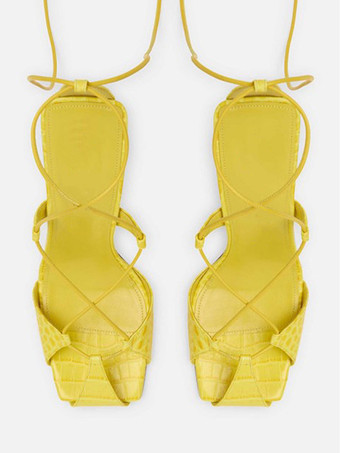 イエロー女性用サテンパーティーシューズブルーレースアップハイヒールサンダルシューズ