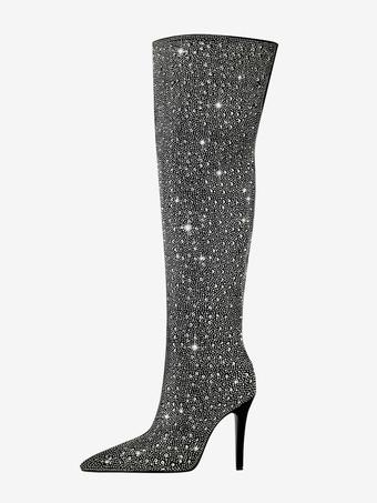 Over The Knee Party Boots Black Rhinestones Pointed Toe Hig Heel