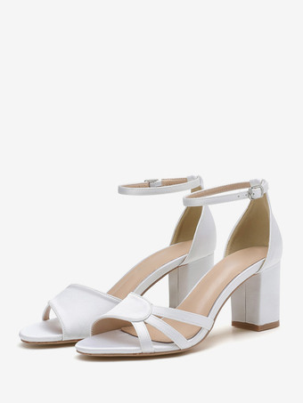 ホワイト ブロックヒールサンダル サテン オープントゥ アンクルストラップ パンプス ブライドメイドシューズ
