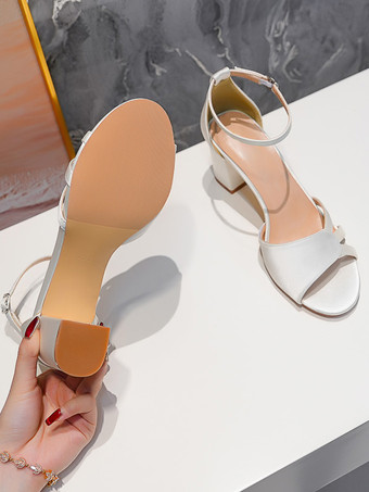 ブロックヒールサンダル サテン オープントゥ アンクルストラップ パンプス ブライドメイドシューズ