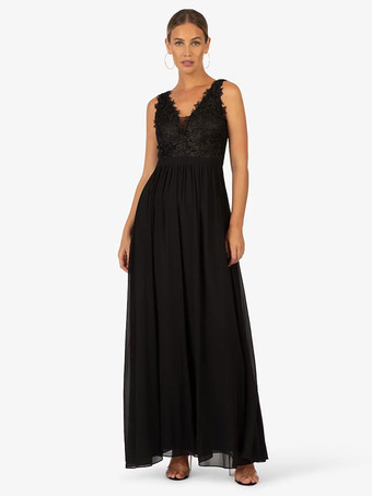 ブラックパーティードレス 花嫁の母用 Vネック ノースリーブ Aライン レース 足首までの長さのゲストドレス 結婚式用