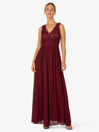 バーガンディーパーティードレス 花嫁の母用 Vネック ノースリーブ Aライン レース 足首までの長さのゲストドレス 結婚式用