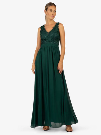 ダークグリーンパーティードレス 花嫁の母用 Vネック ノースリーブ Aライン レース 足首までの長さのゲストドレス 結婚式用