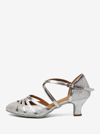 シルバー ラテン ダンス シューズ ゴールド ラウンド トゥ バックル 社交ダンス シューズ