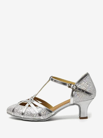 シルバー ラテン ダンス シューズ シルバー ラウンド トゥ バックル 社交ダンス シューズ