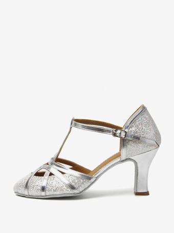 ラテン ダンス シューズ シルバー ラウンド トゥ バックル 社交ダンス シューズ