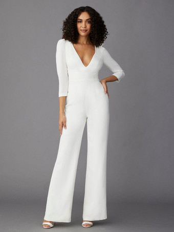 アイボリーパーティードレス 花嫁の母用 Vネック 長袖 ジャンプスーツ 結婚式のゲストドレス