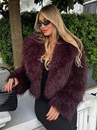 環境に優しいフェイクファージャケット バーガンディ ラペル 冬用コート アウターウェア レディース 2025