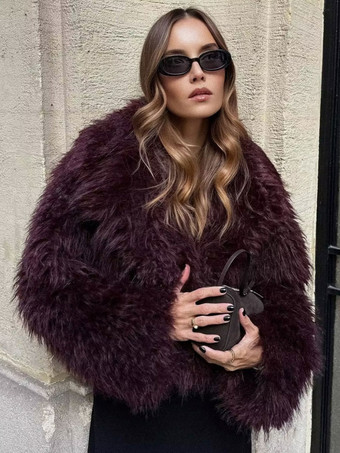 環境に優しいフェイクファージャケット バーガンディ ラペル 冬用コート アウターウェア レディース 2025