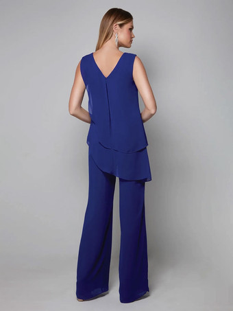 パーティードレス 花嫁の母用 Vネック ノースリーブ ジャンプスーツ 床までの長さのゲストドレス 結婚式用