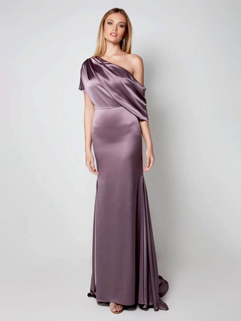 バイオレットパーティードレス 花嫁の母用 ワンショルダー 半袖 Aライン ゲストドレス 結婚式用