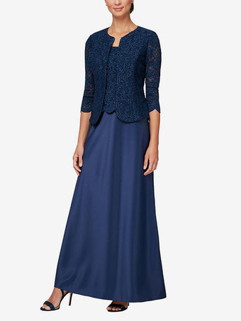 ブルーブライダルマザードレス スクエアネック 長袖 Aライン レース ゲストドレス 結婚式用