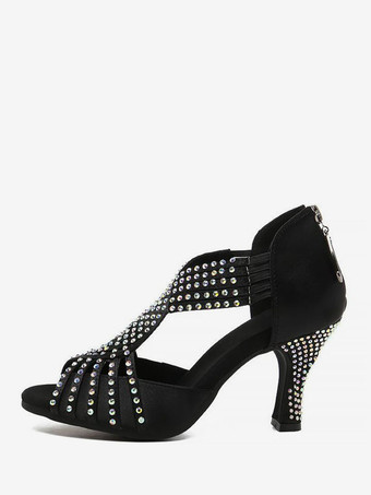 ブラック ラテン ダンス シューズ ピンク ラウンド トゥ ラインストーン 社交ダンス シューズ