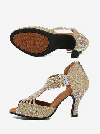 ゴールド ラテン ダンス シューズ ピンク ラウンド トゥ ラインストーン 社交ダンス シューズ