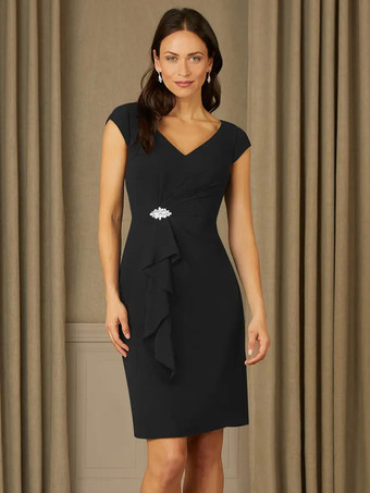 ブラックブライダルマザードレス Vネック半袖プリーツラインストーン詳細ゲストドレス結婚式用