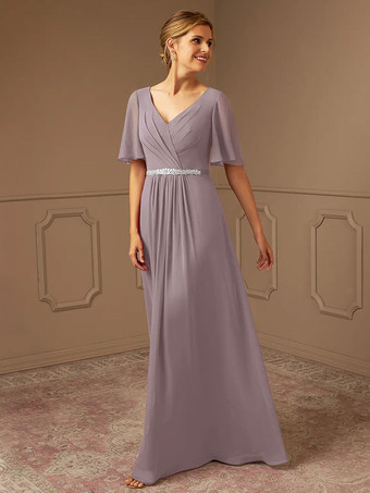 ライラックブライダルマザードレス Vネック 半袖 Aライン サッシュ 床長さのゲストドレス 結婚式用