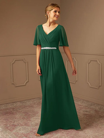 ダークグリーンブライダルマザードレス Vネック 半袖 Aライン サッシュ 床長さのゲストドレス 結婚式用