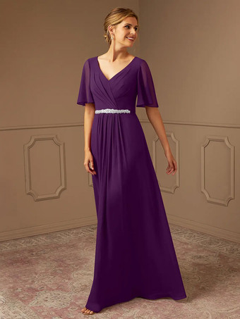 プラムブライダルマザードレス Vネック 半袖 Aライン サッシュ 床長さのゲストドレス 結婚式用