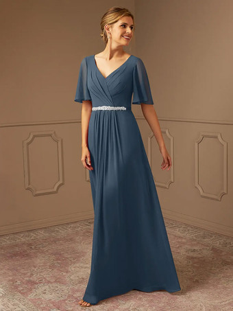 スレートグレー ブライダルマザードレス Vネック 半袖 Aライン サッシュ 床長さのゲストドレス 結婚式用