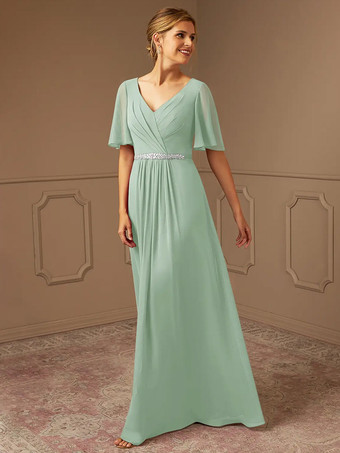 ミントグリーンブライダルマザードレス Vネック 半袖 Aライン サッシュ 床長さのゲストドレス 結婚式用