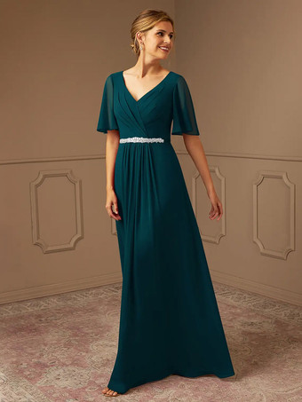 ティールブライダルマザードレス Vネック 半袖 Aライン サッシュ 床長さのゲストドレス 結婚式用