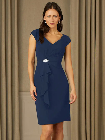 ダズリンブルーブライダルマザードレス Vネック半袖プリーツラインストーン詳細ゲストドレス結婚式用