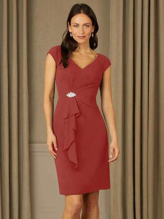 ブリックレッドブライダルマザードレス Vネック半袖プリーツラインストーン詳細ゲストドレス結婚式用