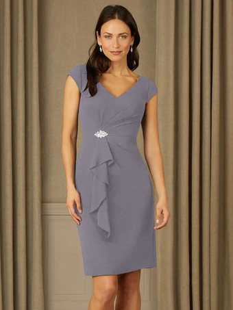 スレートグレー ブライダルマザードレス Vネック半袖プリーツラインストーン詳細ゲストドレス結婚式用