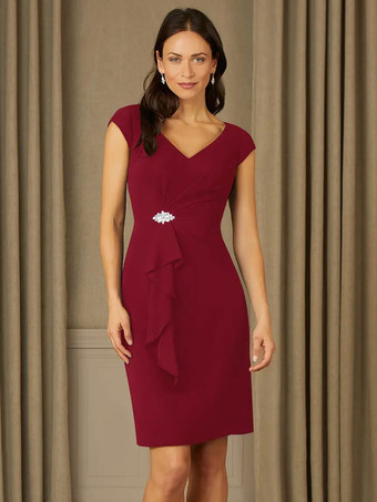 バーガンディーブライダルマザードレス Vネック半袖プリーツラインストーン詳細ゲストドレス結婚式用