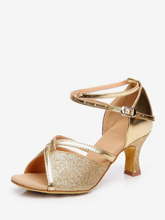 ゴールド ラテンダンスシューズローズラウンドトゥバックル社交ダンスシューズ