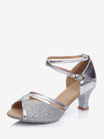 シルバー ラテンダンスシューズローズラウンドトゥバックル社交ダンスシューズ