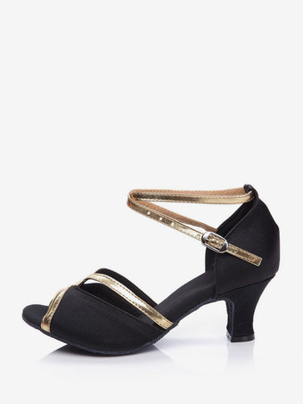 ブラック ラテンダンスシューズローズラウンドトゥバックル社交ダンスシューズ