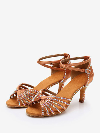 ブラウン ラテン ダンス シューズ ポリエステル ブラック ラウンド トゥ ラインストーン ダンス シューズ