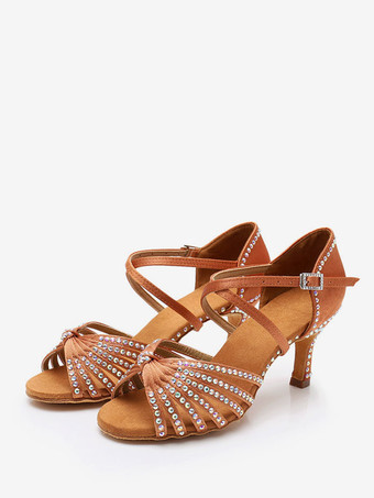 Coffee BrownLatin Dance Shoes Polyester Black Round Toe Rhinestones Dance Shoes