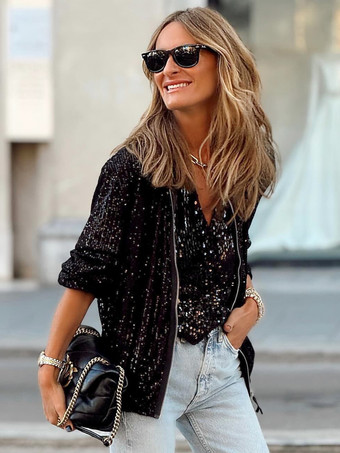 スパンコール ジャケット ラウンドネック 長袖 ジップアップ レディース ジャケット