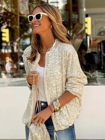 スパンコール ジャケット ラウンドネック 長袖 ジップアップ レディース ジャケット