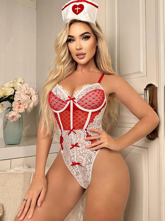 レッド ナースコスチューム セクシー ハロウィン レッド 女性用 ポリエステル カラーブロック ボディスーツ ジャンプスーツ