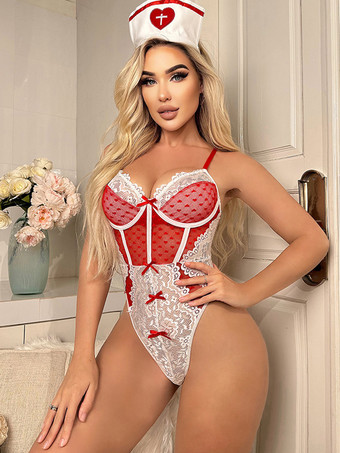 ナースコスチューム セクシー ハロウィン レッド 女性用 ポリエステル カラーブロック ボディスーツ ジャンプスーツ