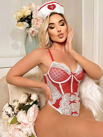 ナースコスチューム セクシー ハロウィン レッド 女性用 ポリエステル カラーブロック ボディスーツ ジャンプスーツ