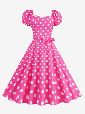 ローズレッドレトログラマードレス スウィートハートネック パフスリーブ 水玉模様 カジュアルロングドレス