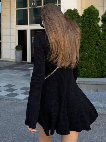 ニットドレス モックネック フレアスリーブ Aライン カジュアル ショート ミニドレス