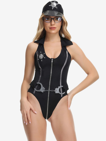 ブラック セクシーな警官コスチュームスタイリッシュな花柄ポリエステル