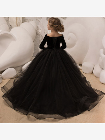 フラワーガールドレス ブラック ポリエステル ハーフスリーブ Vネック フラワーガールドレス