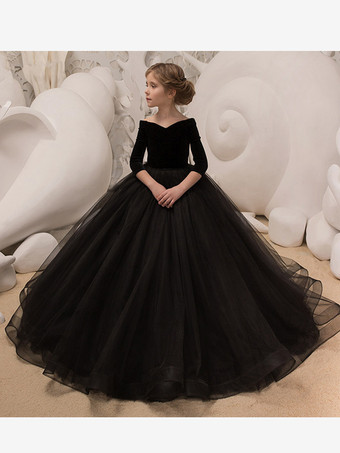 フラワーガールドレス ブラック ポリエステル ハーフスリーブ Vネック フラワーガールドレス