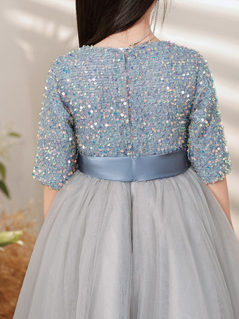 フラワーガールドレス ブルーグレー チュール 半袖 ジュエルネック フラワーガールドレス