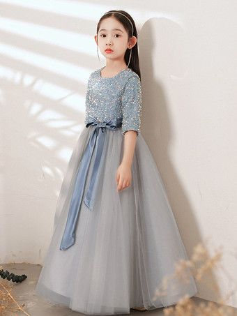 フラワーガールドレス ブルーグレー チュール 半袖 ジュエルネック フラワーガールドレス