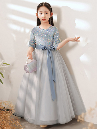 フラワーガールドレス ブルーグレー チュール 半袖 ジュエルネック フラワーガールドレス