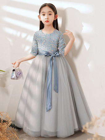 フラワーガールドレス ブルーグレー チュール 半袖 ジュエルネック フラワーガールドレス